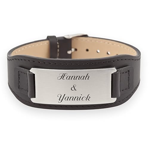 Maskulines Herrenarmband Lederarmband schwarz mit persönlicher Laser-Gravur auf dem Edelstahl-Schild, Länge von 17 - 22 cm ei
