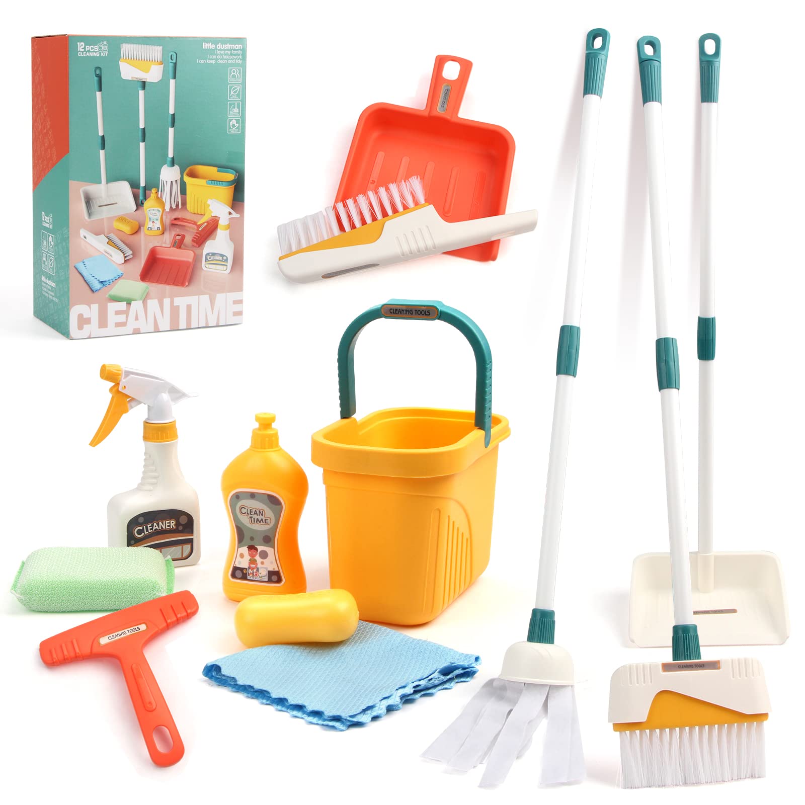 Detachable Kids Cleaning Toy Set - Broom, Mop, Dustpan, Brush, Rag Play, Housekeeping Kit, STEM Really Clean Toys Gift for Girls & Boys