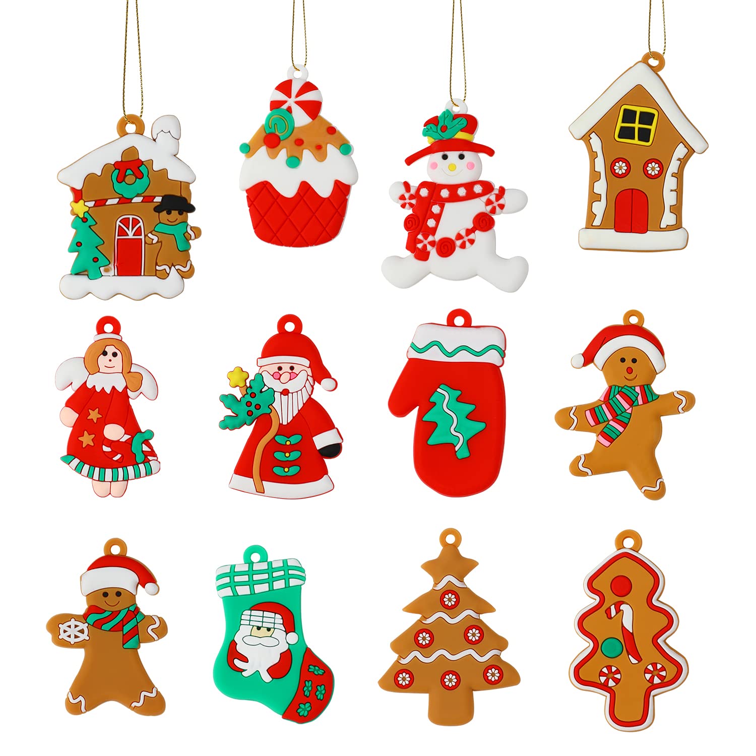 VEYLIN Christmas Gingerbread Ornaments,12 Pack Assorted Santa Claus Snowman Ginger Man Clay Figurine with Strings for Xmas Tree Decorations