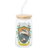 Silver Buffalo Harry Potter Hufflepuff House Crest Glass Tumbler with Bamboo Lid and Glass Straw, 16 Ounces