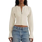 Saodimallsu Womens Cropped Sweaters Button Down Long Sleeve V Neck Ribbed Knit Slim Fit Pullover Crop Tops