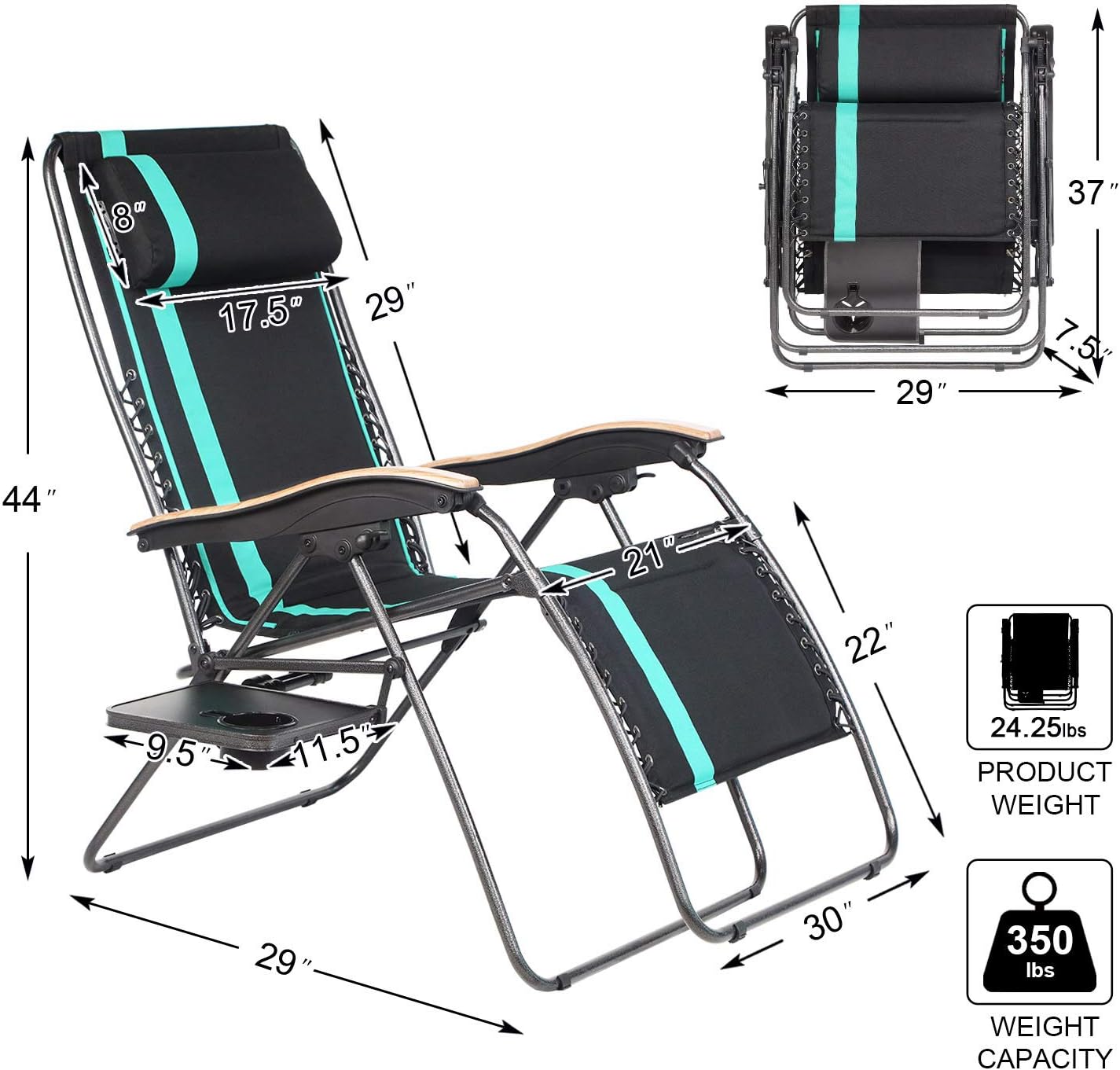 PORTAL Oversized Padded Zero Gravity Chair, XL Seat Adjustable Patio Lounge Recliner Chair with Lumbar Support Pillow and Side Table Support 350lbs: Kitchen & Dining