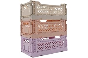 LUNA CRATES Collapsible Storage Box, Foldable Crate Organizer Bin with Handle, Stackable Crates for Home Organization (Peach-Lilac-LightGray, 4L - 3-Pack)