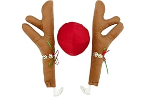 PETIT MANON Car Reindeer Antlers & Nose Decorations, Car Christmas Reindeer Antler Decorations with Jingle Bells, Car Antler Kit for Car Window Roof-Top & Front Grille, Auto Accessories