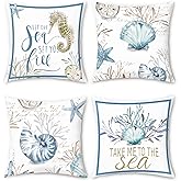 Bonhause Nautical Coastal Throw Pillow Covers 18x18 Set of 4 Ocean Themed Beach Seashell Coral Starfish Pillows Case Soft Velvet Cushion Covers for Outdoor Sofa Home Decor