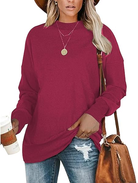 HOUNT WOMENS CASUAL FALL LONG SLEEVE TOPS LOOSE FIT PULLOVER TUNIC TOPS SWEATSHIRTS (SMALL, ROSE RED)