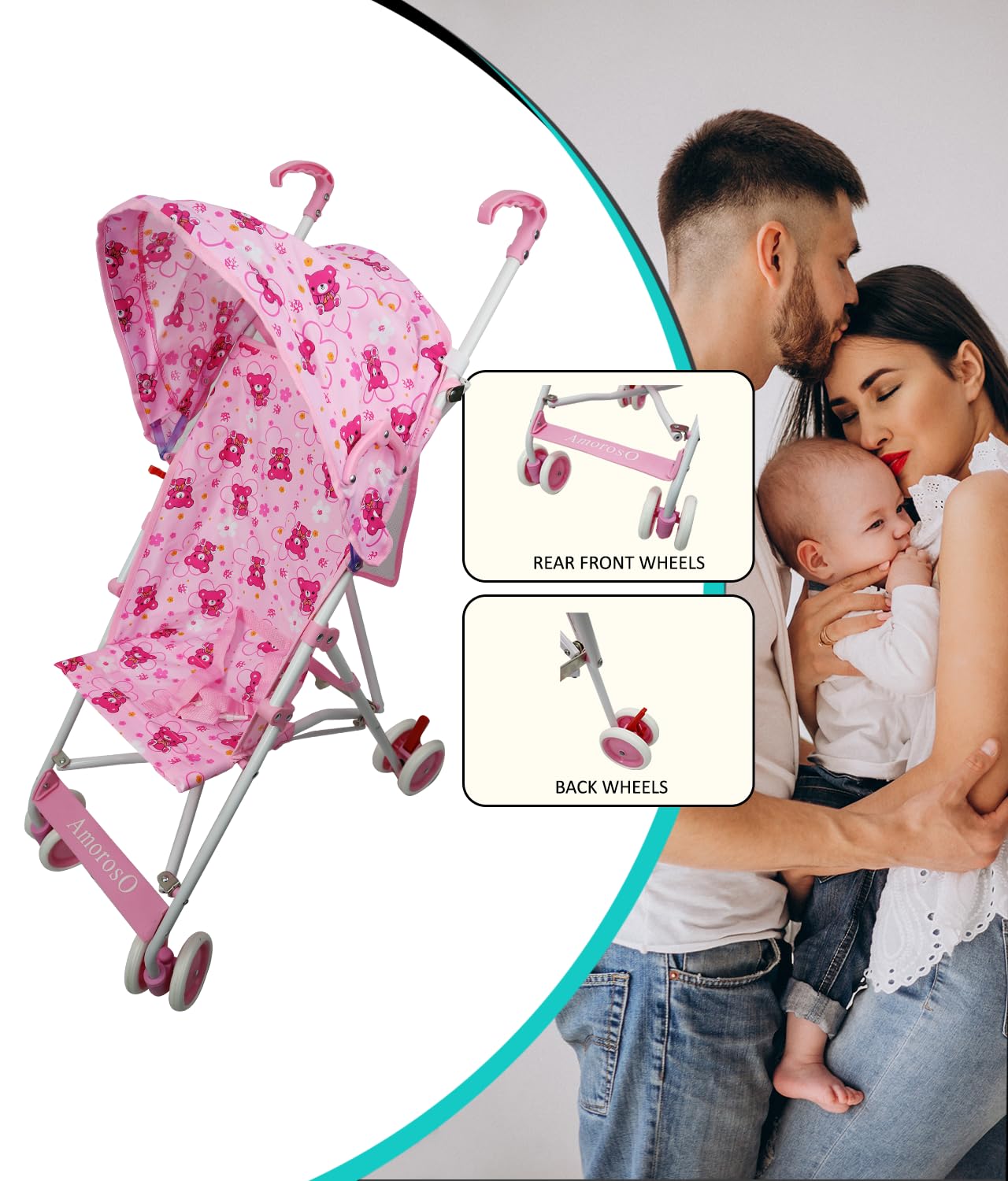 AmorosO Single Umbrella Stroller | Lightweight, Travel-Ready Stroller with EVA Wheels & Sun Protection | Baby Pink