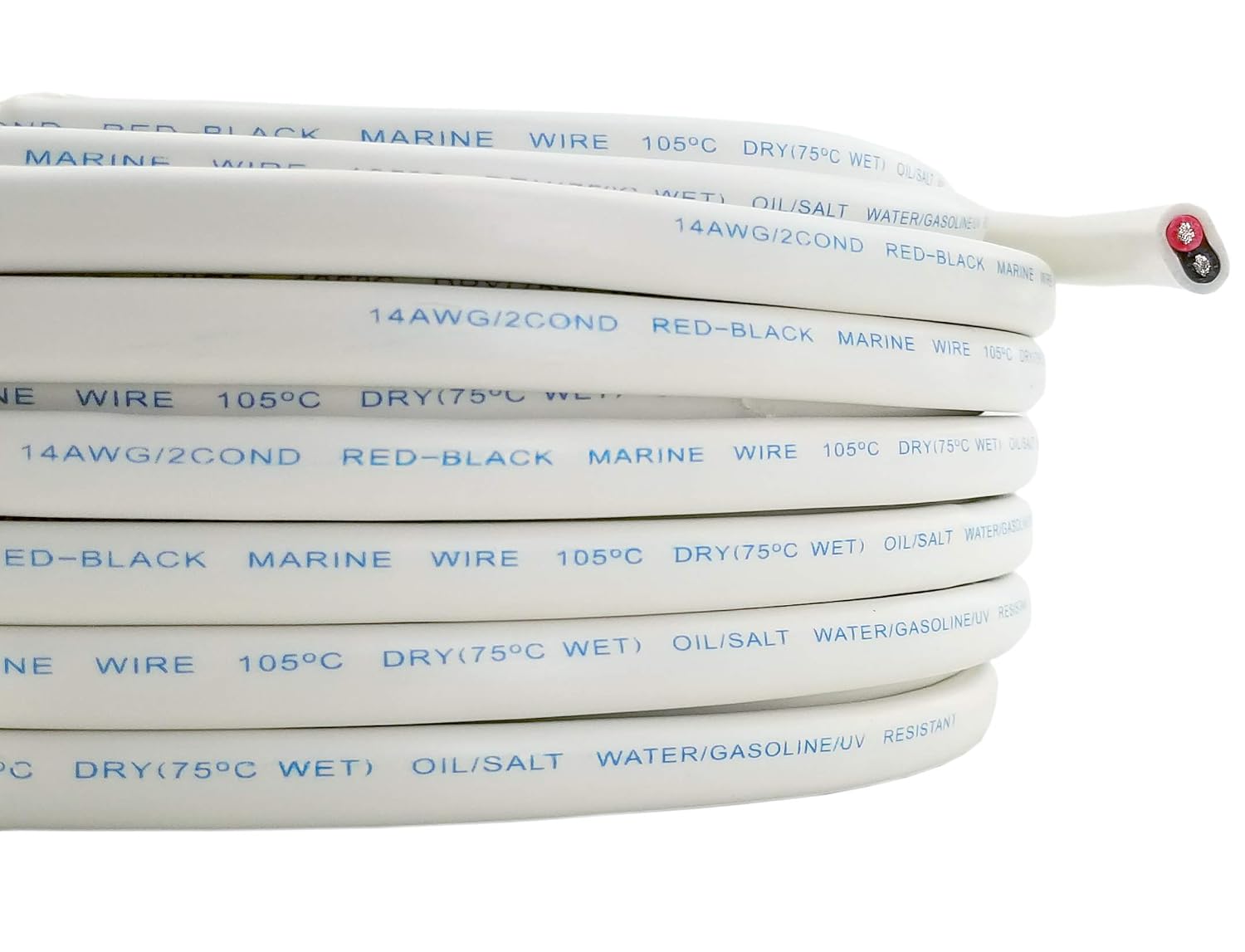 14 Gauge (American Wire Ga) Tinned Pure Copper Red Black Duplex Sheathed Marine Boat Wire. | Cable Length: 100 FT (Also Available in 50 FT roll) - - 