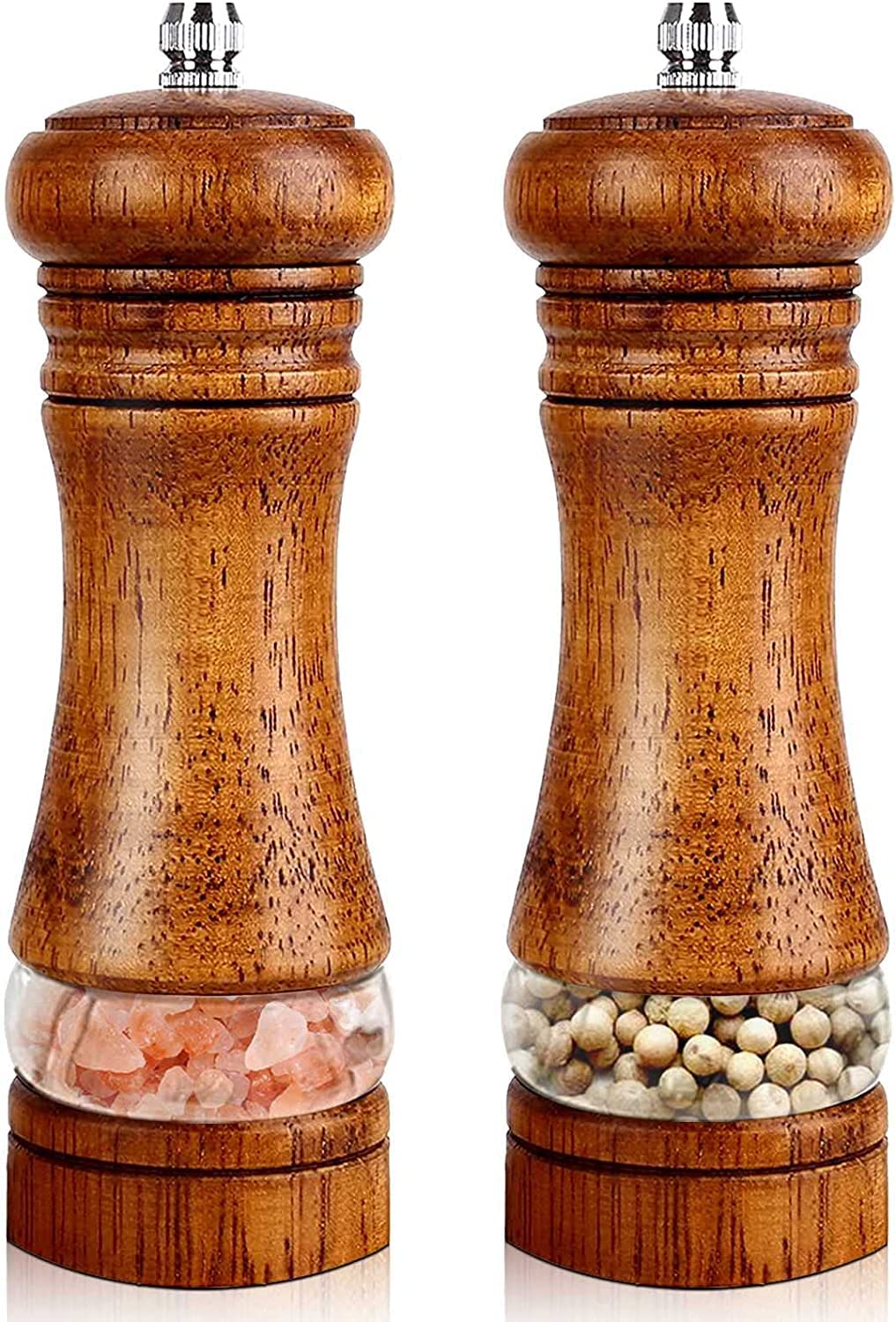 Salt and Pepper Grinder Set, Wooden Salt and Pepper Mill with Adjustable Coarseness Ceramic Core, Manual Salt Grinders with Acrylic Window (6.5 Inch), Refillable Spice Shaker for Sea Salt/Chili/Sesame