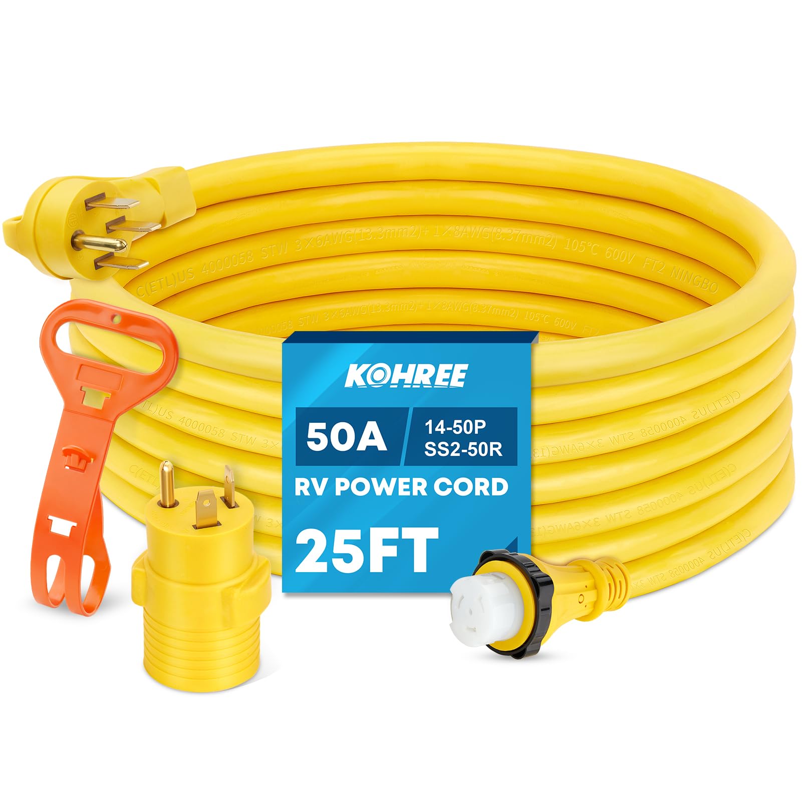 Kohree 50 Amp RV Extension Cord 25FT Heavy Duty Generator Cord, 50 Amp RV Power Cord with Grip Handle, NEMA 14-50P to SS2-50R Twist Lock, 30M/50F Adapter Included, ETL Listed Image