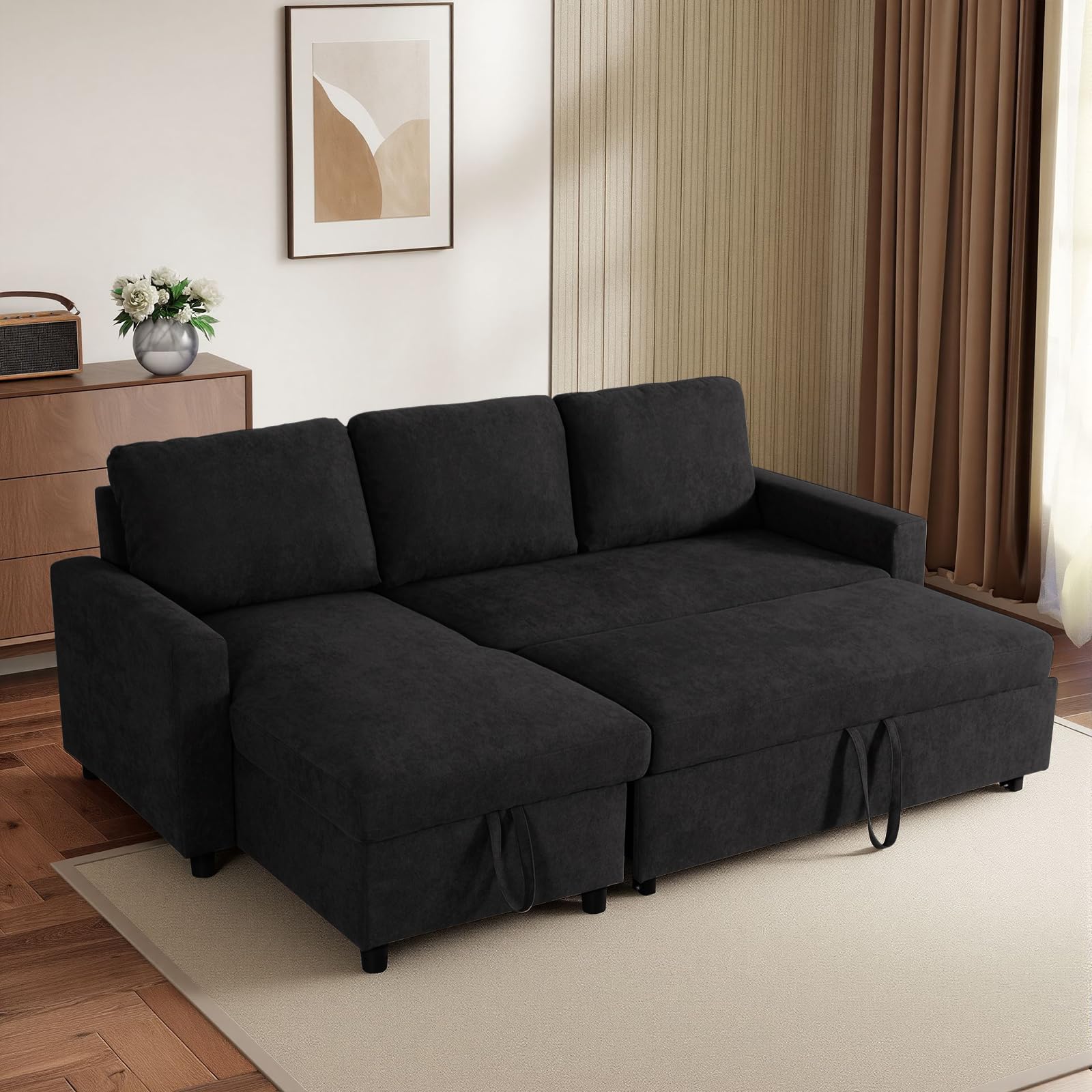 Photo 1 of ***2 BOXES***Yafylly L-Shaped Sleeper Sofa with Chaise Lounge & Storage, Pull-Out Couch Bed with Recliner, Full Size Futon for Living Room, Office, Apartment Black