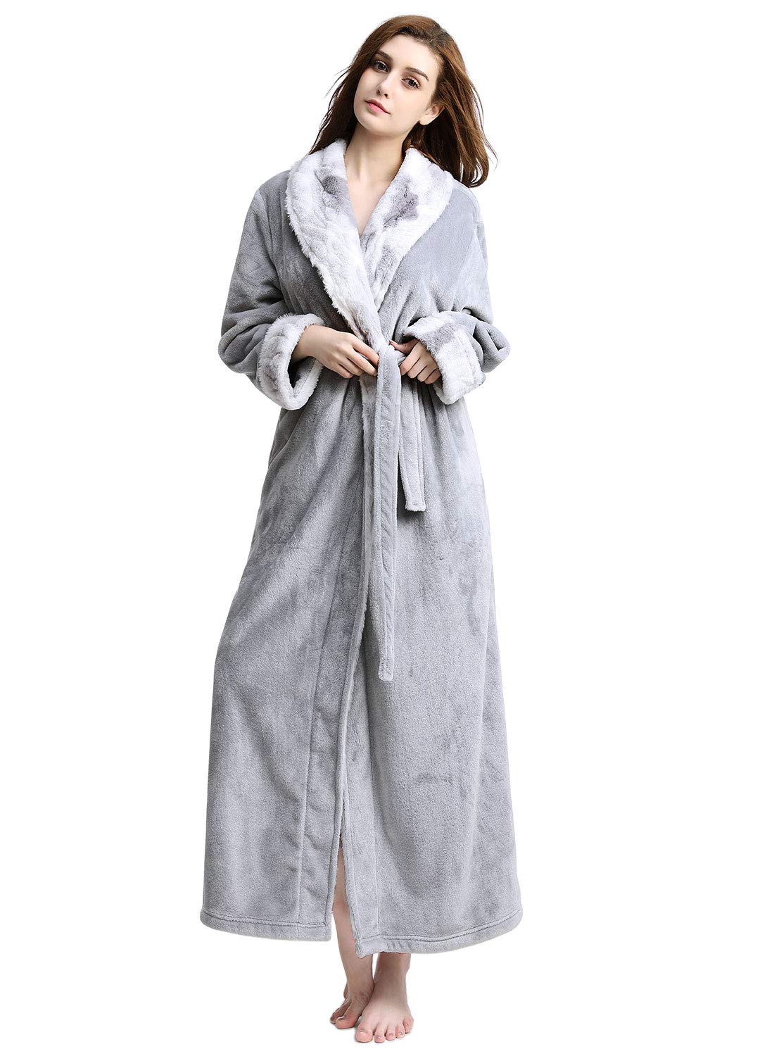 CaiDieNu Mikrofaser Bademantel für Damen Morgenmantel Korallen Vlies Saunamantel, weich und flauschig, mit Schalkragen Gürtel und Taschen