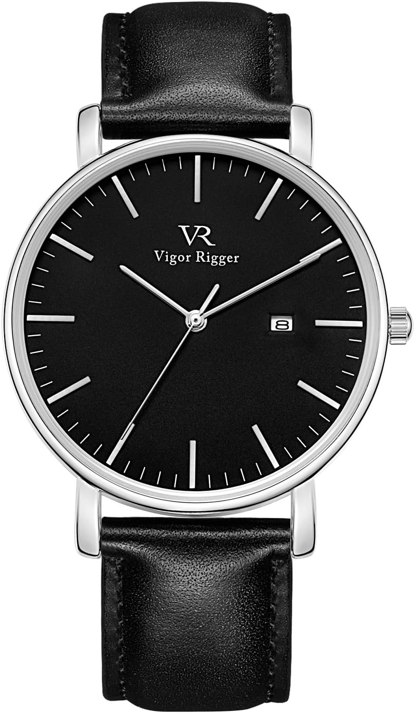 Vigor Rigger Men's Quartz Watches with Genuine Black Leather/Stainless Steel Watch Band, Minimalist Analog Date Display Wrist Watch, 30M Waterproof Watch with Metal
