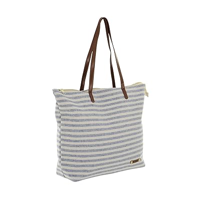 Lazy Beach Bag Blue Stripe Holiday Shopper Shoulder Tote Faux Leather Strap Handles