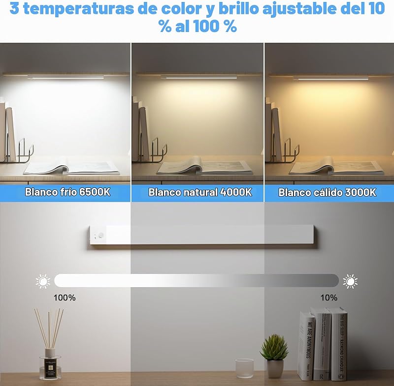 Luz LED Armario con Sensor de Movimiento, 43CM Regulable Luz LED Adhesiva con 3 Color Modos, 2500 mAh USB Recargable Luz Nocturna para Cocina, Armario, Escaleras, Pasillo, Garaje-2 Piezas