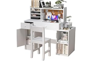 NKUGCFC White Kids Desk and Chair Set for 5-12 Year Old, Childrens Computer Desk with Bulletin Board, Kids Study Table with Chair, Drawers and Cabinets