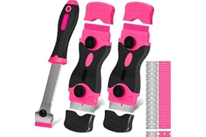 THINKWORK Razor Blade Scraper Tool, 3Pcs Pink Razor Scrapers with 15pcs Metal and 30pcs Plastic Blades, Scraper Tool for Cleaning Paint, Decals, Adhesive, Caulk, Stickers, Glass, Labels, Window, Stovetop