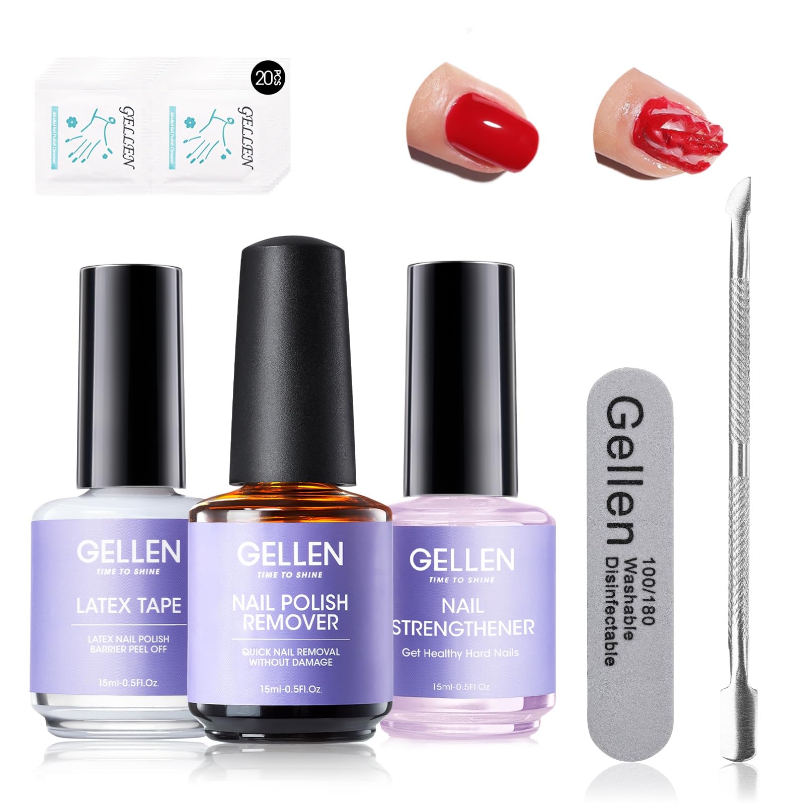 Photo 1 of Gellen Gel Polish Remover Kit for Nails, 3-5 minutes Easy Quick Removal with Peel Off Liquid Latex Tape and Nail Strengthener Serum Repair Nourishing Thin Nails, No Need for Wrapping or Soaking