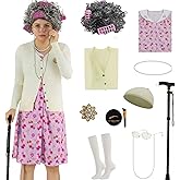 TPHAYSH Old Lady Costume for Women, Grandma Costume Nightgown Cane Cardigan Set Old Lady Dress Halloween Cosplay