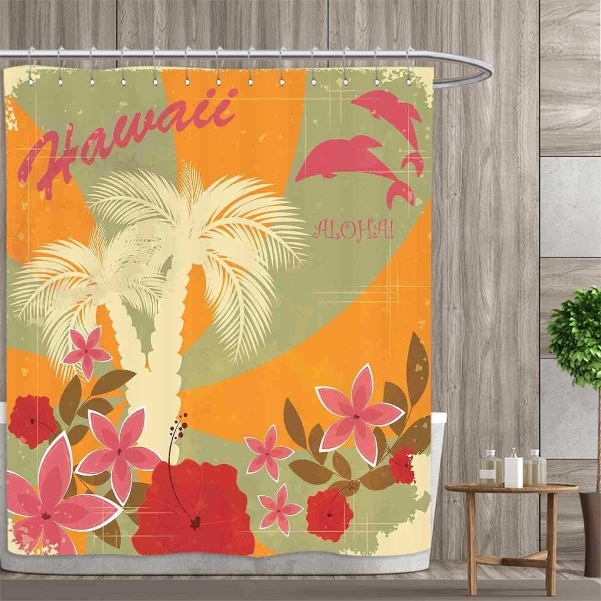 Hawaiian Shower Curtains Fabric Extra Long Aloha Vintage Print Colorful Swirl