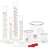 SUPERLELE Glass Graduated Cylinder Set 10ml 25ml 50ml 100ml, Thick Glass Beaker Set 50ml 100ml 250ml with 2 Droppers