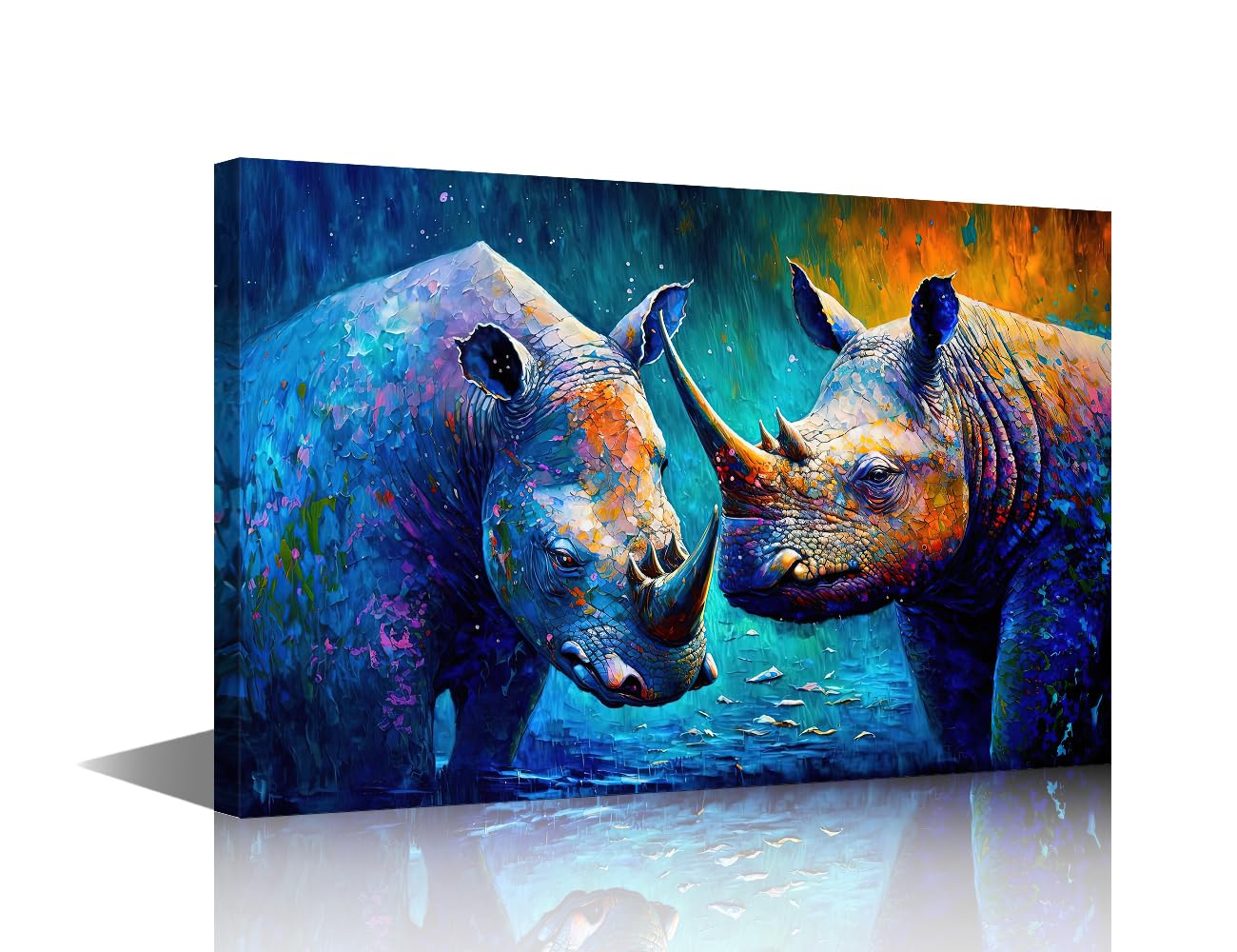 Wall Art Canvas Print Rhino Splash Oil Painting Style Wall Art Canvas Print Smiley Animals with Color Picture for Living Room Ready to Hang - 24"W x 16"H