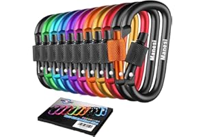 MANESI 10 Pack Carabiner, 3 inch Aluminum D-Ring Locking Carabiner Clip, Snap Hook Sport Accessories for Outdoor Camping，Clips with Screw Gate Multicolored