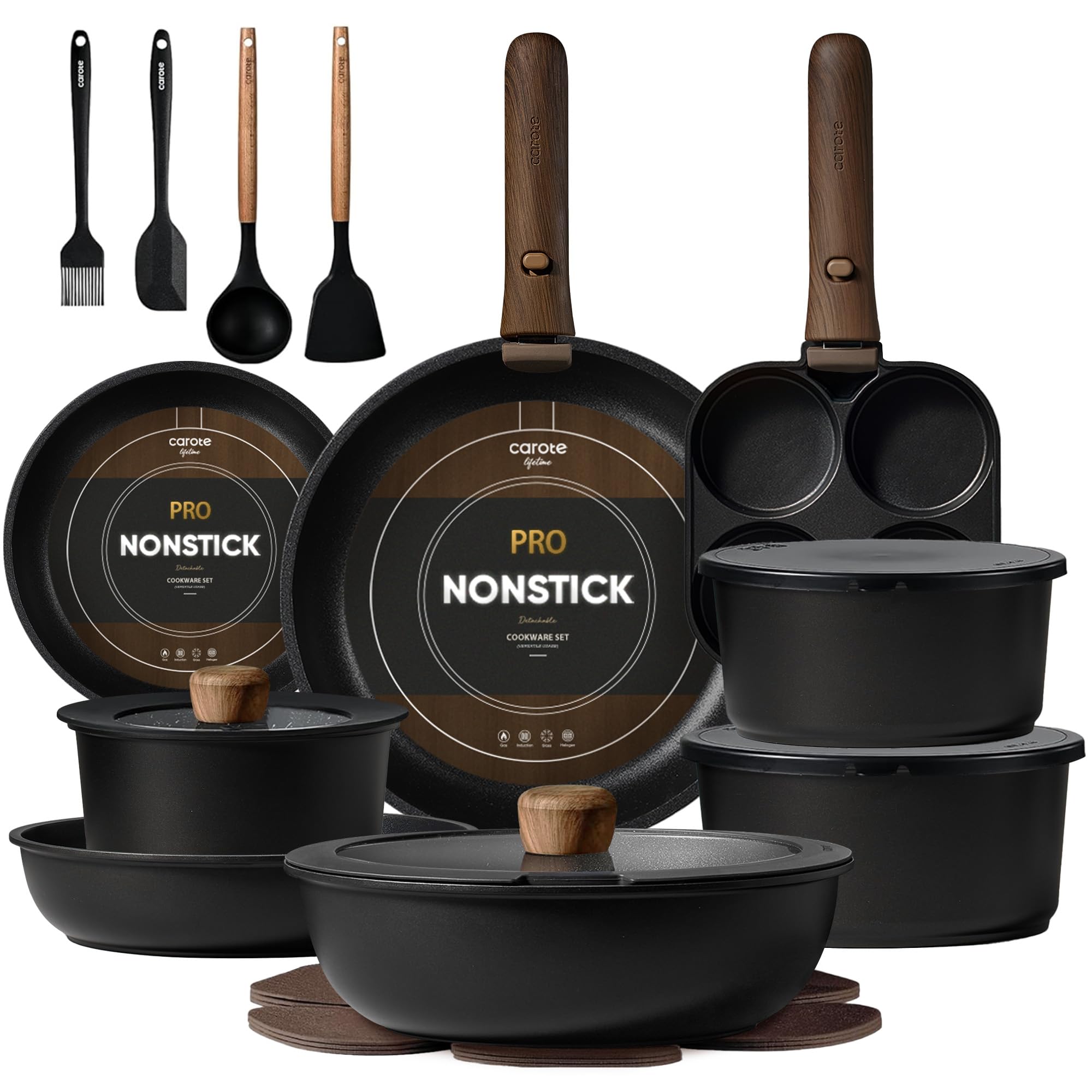CAROTE 25pcs Pots and Pans Set Non Stick, Cookware Sets, Kitchen Set, Oven/Dishwasher/Fridge Safe, Space Saving Pots Set, Nonstick Set with Versatile Detachable Handle, Induction RV Set, Black Image