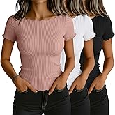 Riyiper 3 Pack Women's Boat Neck Ribbed Tops Lettuce Trim Short Sleeve T-Shirts Crop Fitted Summer Basic Tees Shirt