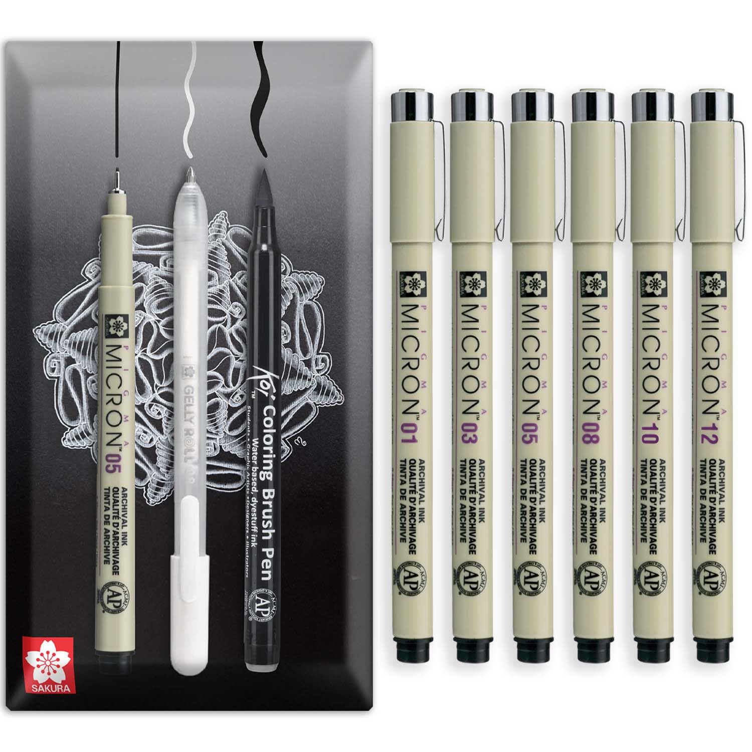 SAKURA Pigma Micron - Pigment Fineliner Pens - Black Ink - In Envelope Gift Packaging - Set of 6 Grades (Fineliner x 6, Black)