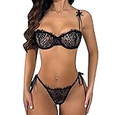 popiv Women Sexy Lace Lingerie Set Matching Bow-Knot Bra and Side Tie Up Panty Set