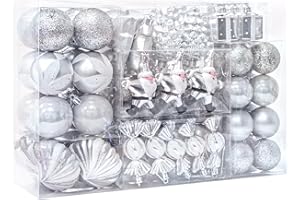 WBHome 105ct Assorted Christmas Ball Ornaments Set - Silver White, Shatterproof Decorations Christmas Tree Ornaments, Hooks I