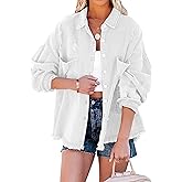 Lumister Womens Causal Oversized Soft Lightweight Distressed Jean Jacket Ripped Fringe Long Sleeve Denim Jacket Shacket