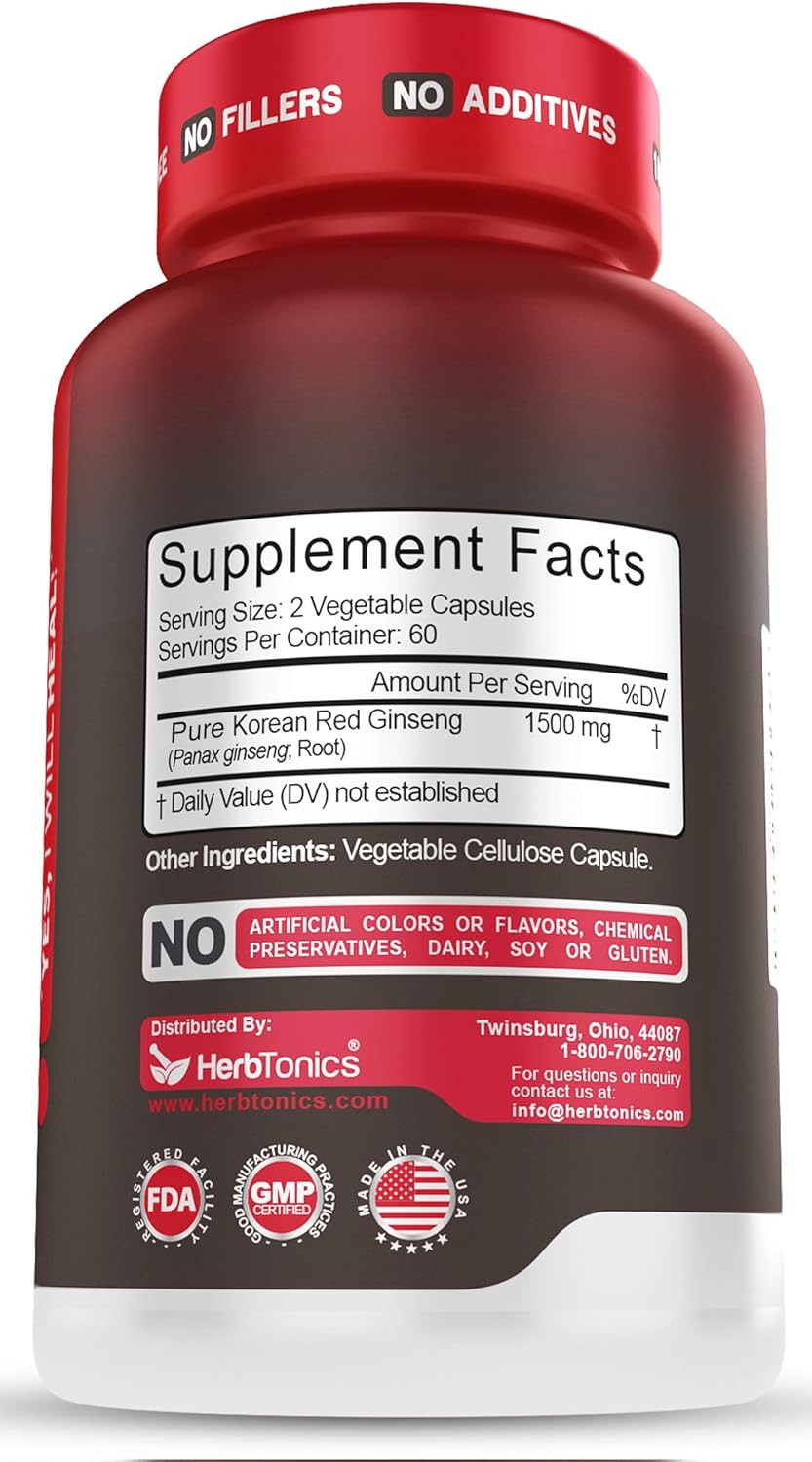 High Strength Korean Red Panax Ginseng Capsules 1500 mg Supplement -120 Vegan Pills High Ginsenosides Powder Extract to Boost Energy, Endurance, Mood, Performance: Health & Personal Care
