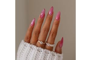 XENOPHOER Pink Press on Nails Medium Almond Cat Eye Fake Nails Acrylic Glue on Nails with Silver Glitter Designs Full Cover Faux Nails Press ons for Women Daily Wear 24 Pcs