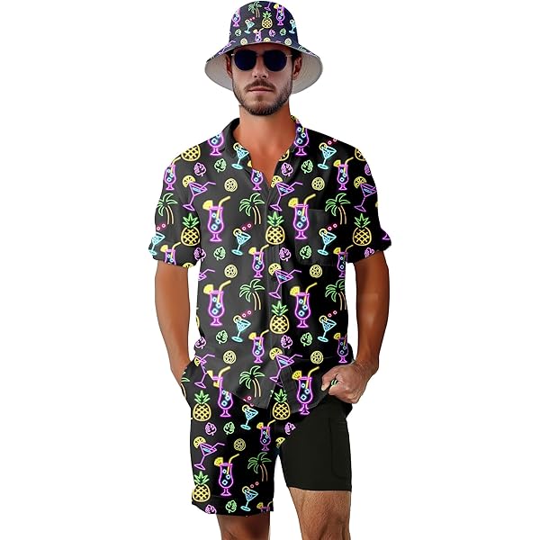 Spanoous Mens Hawaiian Shirts And Shorts Set 80s 90s Shirts 2 Pieces - View #4