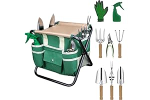 LeMotech Garden Tool Set,10 Pieces Heavy Duty Gardenting Tool Kit, Folding Stool with Detachable Tote Bag, Thicker Stainless Steel Tools (Trans-Planter,Trowel,Weeder etc.) for Women Men