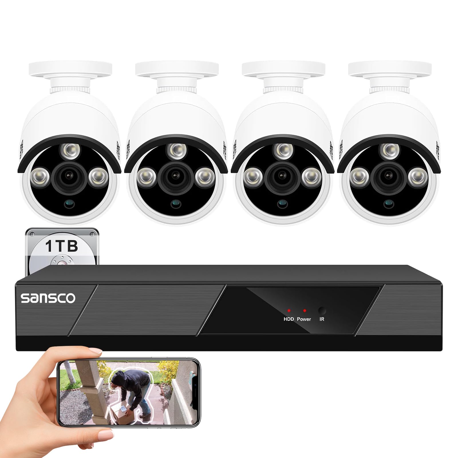 SANSCO PoE CCTV Security Camera System with 1TB Hard Drive Audio Recording, 8CH 4K NVR + (4) 5MP Outdoor IP Cameras (Built-in Mic, AI Human/Face Detection, Night Vision, Remote Access)