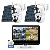 VORGUT Solar Camera Outdoor Wireless, 2pcs 4MP+ 4MP Dual Lens Solar Cameras for Home Security System with 12'' Monitor 16CH NVR, 360° PTZ, 2.4G/5G WiFi, Human Detection, Color Night Vision, 500G HDD