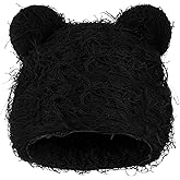Funnysoft Cute Fuzzy Bear Ear Beanie Distressed Knitted Bear Beanie Y2K for Women Men Warm Furry Knitted Crochet Hat Thick Slouchy Black Bears Ears Hat for Winter Outdoor