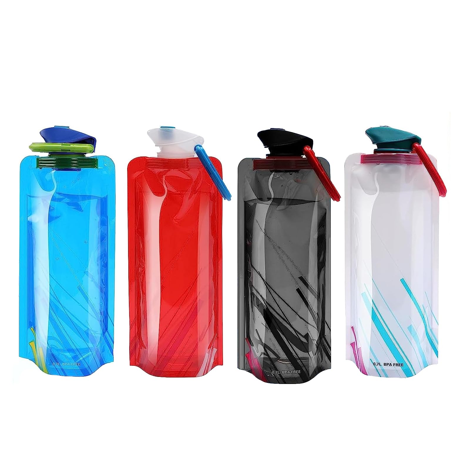 KHDULQ 4 Pcs Foldable Water Bottle, Reusable Drink Pouches Bags, Foldable Sports Bottle, Portable Outdoor Water Bags for Hiking, Travel, Cycling, Fitness, Unisex