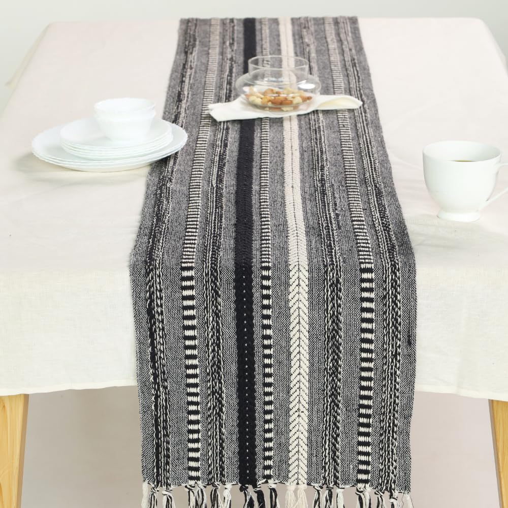 THE ART BOX Boho Cotton Fabric Table Runner Black - 14x108 inch Morden Farmhouse Braided Stripe Kitchen Dining Table Runner Tassel for Wedding Home Decor