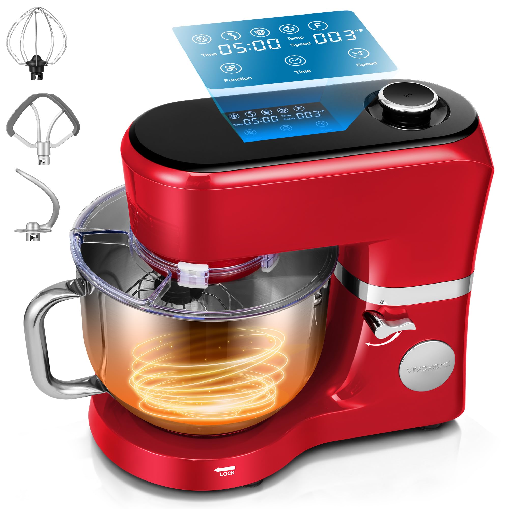 VIVOHOME Stand Mixer with Fermentation, One-Touch Presets Electric Dough Mixer with 6 Qt Bowl, Kitchen Standing Mixer for Baking, Cake with Flex Edge Beater, Bread Hook, Whisk, Red Image