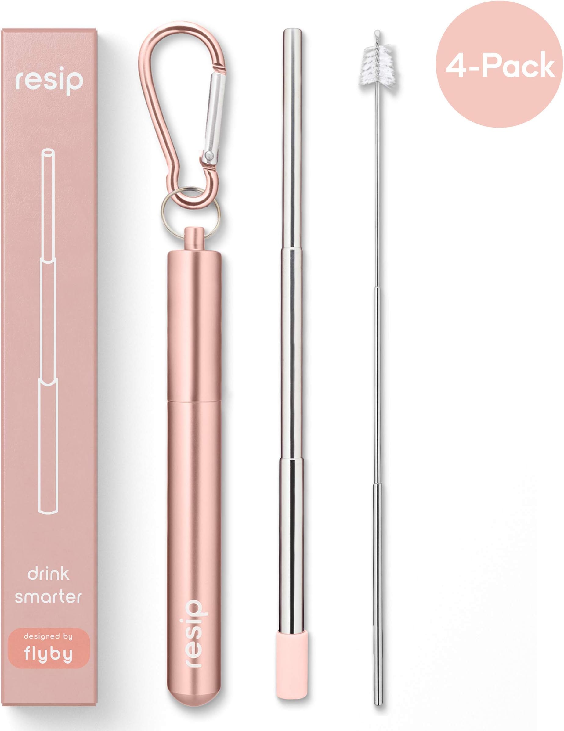 Flyby Portable Reusable Drinking Straws | Collapsible & Foldable Telescopic Stainless Steel Metal Straw Dispenser | Final Aluminum Case, Long Cleaning Brush, Silicone Tip | Rose Gold | 4-Pack