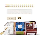 kate spade new york Pen and Pencil Case with Office Supplies, Zip Pouch Includes Pencil Sharpener, Eraser, Ruler, and 2 Wooden Pencils (Book Club)