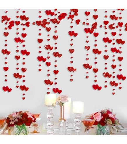 Generic 6 Packs Red Glitter Heart Garland- NO DIY - Heart Garland Decorations - Valentines Day Red Heart Hanging String Garland - Valentines Day Decorations - Valentine's Day Party Decorations