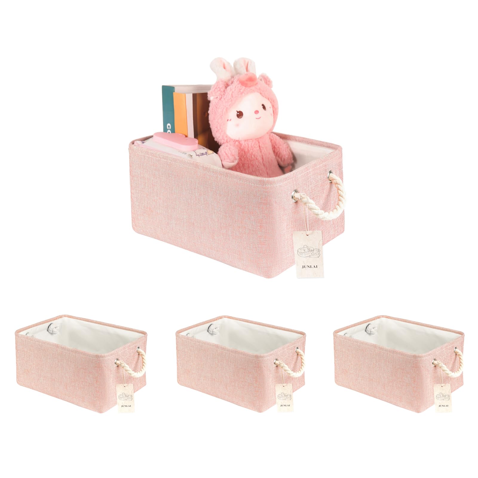 JUNLAI 4 Pcs Storage Baskets with Handles, Foldable Large Pink Storage Boxes, Fabric Wardrobe Storage Basket for Office & Home, Book, Clothes, Toys（Pink, Large）