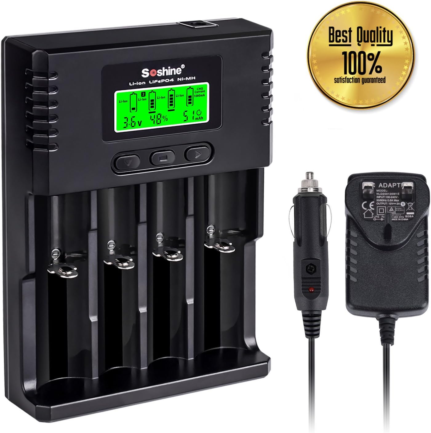 Battery Charger, 18650 battery charger with LCD display car adapter smart charger for rechargeble batteries Ni-MH C AA AAA, Li-ion/LiIFePO4 26650 18650 18500 18350 16340 14500 10440