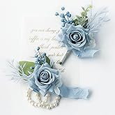 YSOJMAN Wrist Corsage Wristlet and Boutonniere Set for Wedding Bridesmaid Mother Grandmother for Bridal Shower Wedding Artificial Roses Flower Prom Set of 2 (Dusty Blue)