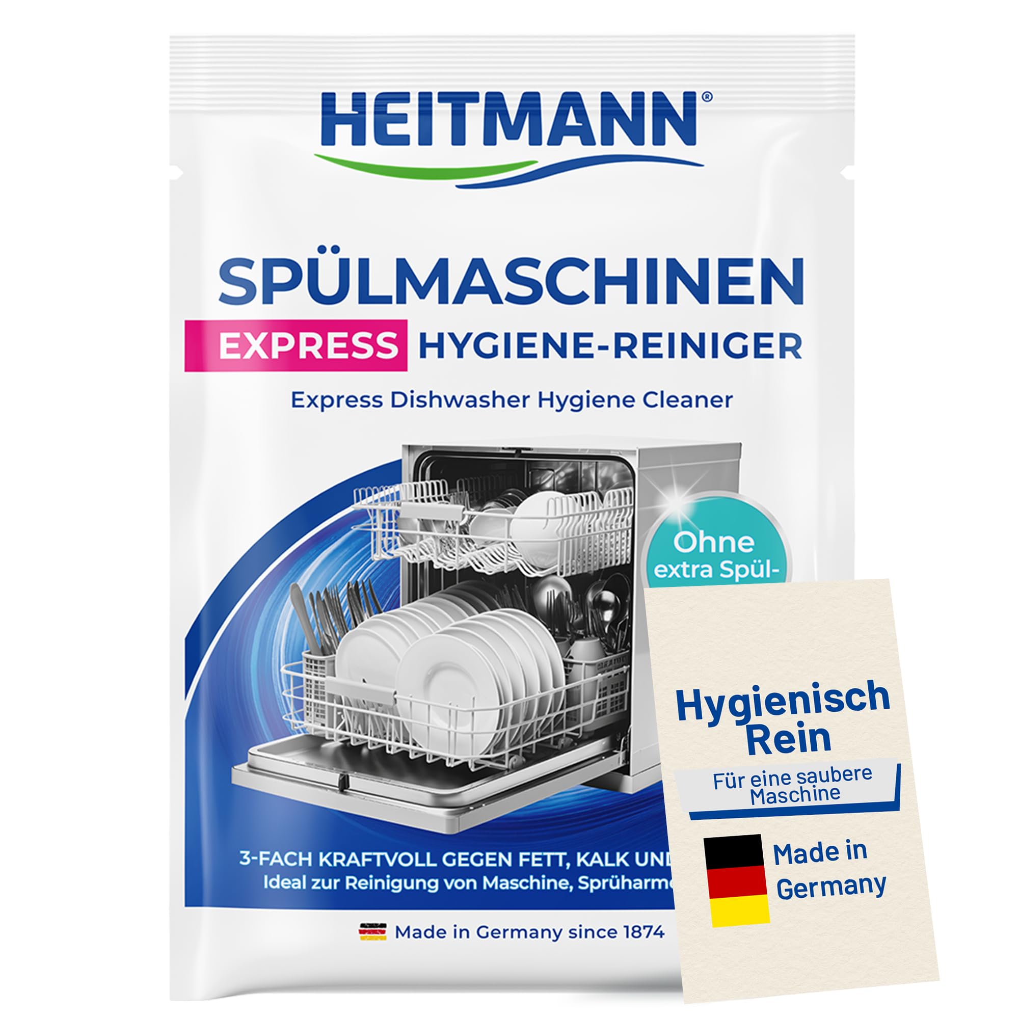 HEITMANN Spülmaschinenreiniger Express Hygiene-Reiniger 30 g | Dreifach-aktiv gegen Fett, Kalk & Gerüche | Maschinenreiniger für Spülmaschine | Für Sprüharme, Filter & Innenraum